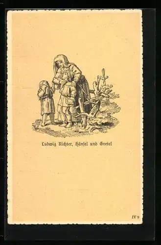 Künstler-AK Ludwig Richter: Hänsel und Gretel mit der Hexe