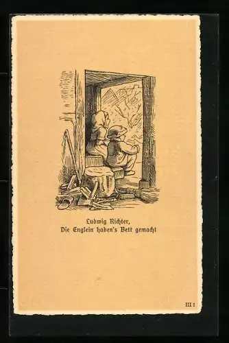 Künstler-AK Ludwig Richter: Ansicht von zwei Kindern am Hauseingang sitzend