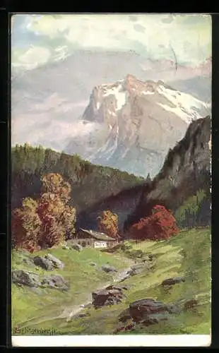 Künstler-AK August Splitgerber: Berglandschaft mit Haus und Bäumen