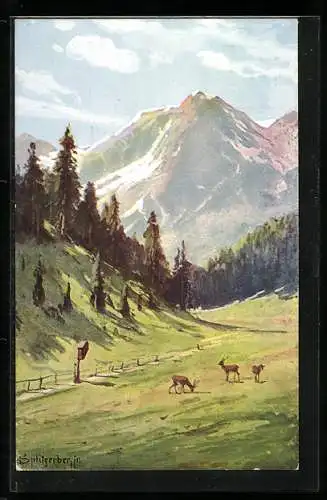 Künstler-AK August Splitgerber: Berglandschaft mit Tannen und Rehen