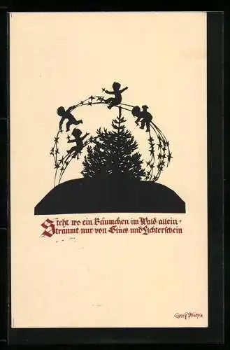 Künstler-AK Georg Plischke: Steht wo ein Bäumchen im Wald allein..., Engel tanzen um den Tannenbaum, Scherenschnitt