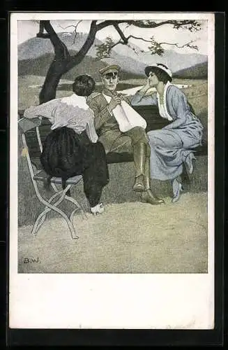 Künstler-AK Brynolf Wennerberg: Daheim, Kriegsheld erzählt zwei Frauen Heldengeschichten