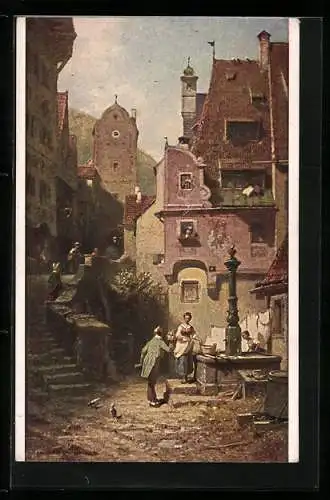 Künstler-AK Carl Spitzweg: Der Hochzeiter, junger Mann mit Frauen am Brunnen