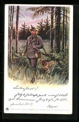 Künstler-AK E. Döcker: Jäger im Wald mit Gewehr und Jagdhund