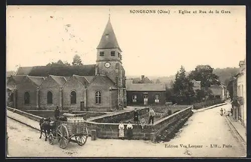 AK Songeons /Oise, Eglise et Rue de la Gare