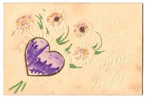 Papierkunst-AK Violettes Herz mit weissen Blumen