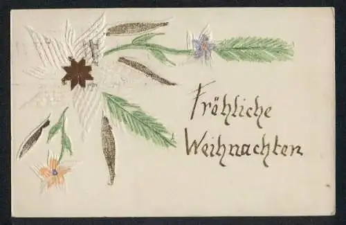 Papierkunst-AK Weihnachtskarte mit Blumen und Tannenzweigen