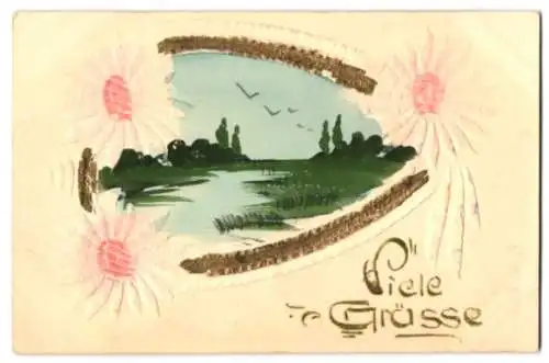 Papierkunst-AK Flusslandschaft und Blumen Grusskarte