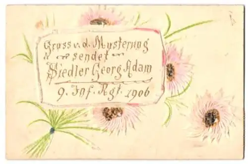 Papierkunst-AK Grusskarte Siedler Georg Adam vom 9. Inf. Rgt. 1906 mit Blumen