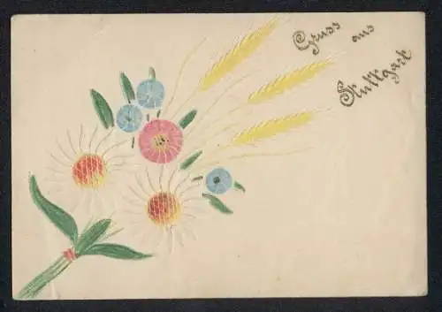 Papierkunst-AK Bunter Blumenstrauss mit Roggenähren