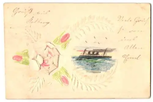 Papierkunst-AK Dampferschiff und Rosen