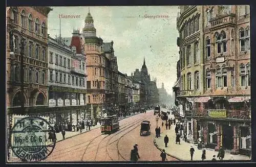 AK Hannover, Strassenbahn in der Georgstrasse nebst Wiener Café