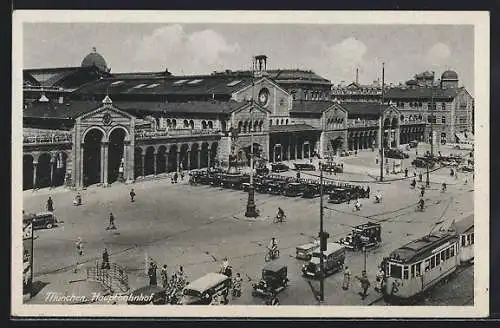 AK München, Hauptbahnhof, Strassenbahn auf dem Vorplatz