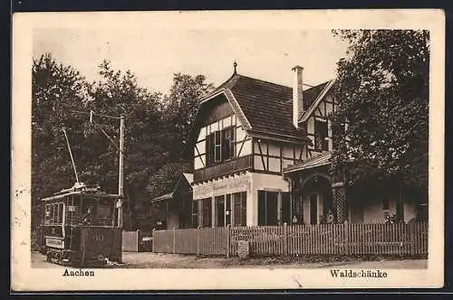 AK Aachen, Strassenbahn passiert das Gasthaus Waldschänke