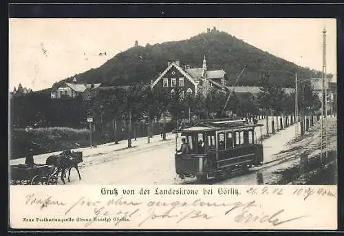 AK Görlitz, Blick auf die Landeskrone mit Strassenbahn