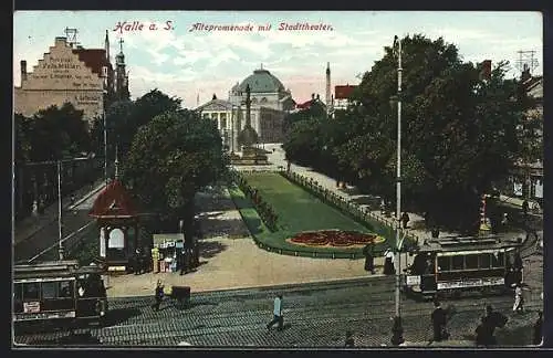 AK Halle a. S., Altenpromenade mit Stadt-Theater, Strassenbahn