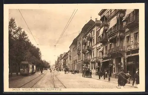 AK Wiesbaden, Strassenbahn in der Rheinstrasse