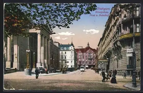 AK Stuttgart, Königsbau, Post und Bahnhof mit Strassenbahn