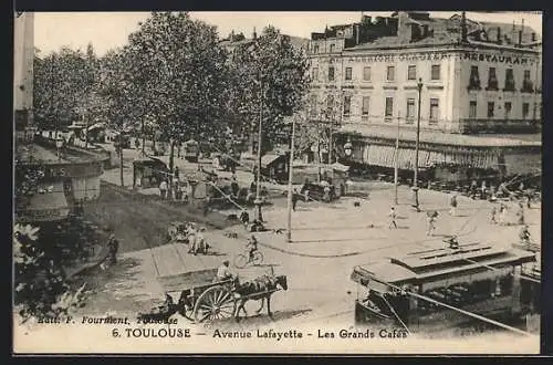 AK Toulouse, Avenue Lafayette, Les Grands Cafés, Strassenbahn