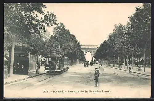 AK Paris, Avenue de la Grande-Armée, Strassenbahn