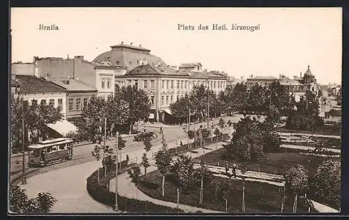 AK Braila, Platz des Heiligen Erzengel, Strassenbahn