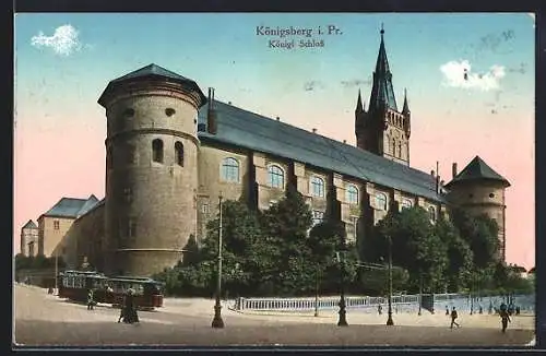 AK Königsberg, Abendstimmung am Königl. Schloss, Strassenbahn