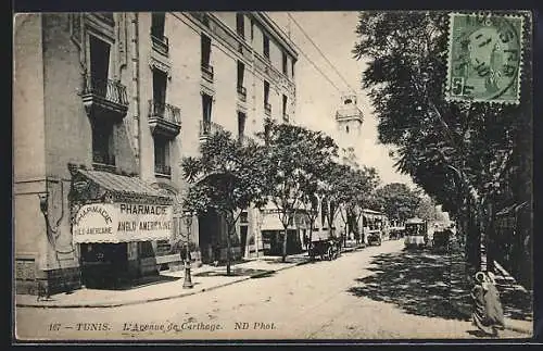 AK Tunis, L`Avenue de Carthage, Strassenbahn