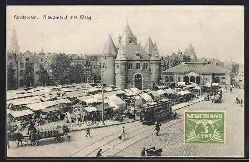 AK Amsterdam, Nieuwmarkt met Waag, Strassenbahn