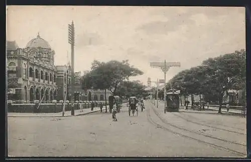 AK Colombo, P. W. D. Buildings, Strassenbahn