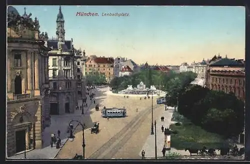 AK München, Lenbachplatz mit Strassenbahnen