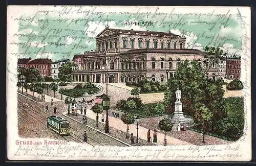 Lithographie Hannover, Blick aufs Hof-Theater mit Strassenbahn