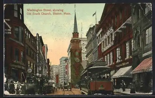 AK Boston /Mass., Washington street, showing Old South Church, Strassenbahn