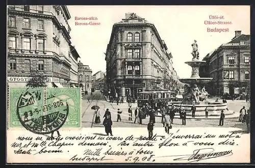 AK Budapest, Baross-Gasse und Üllöer-Strasse, Strassenbahn