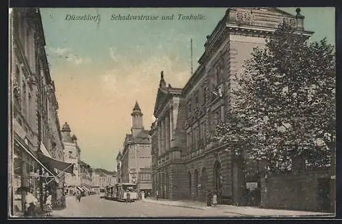 AK Düsseldorf, Schadowstrasse und Turnhalle, Strassenbahn