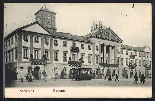 AK Karlsruhe, Blick aufs Rathaus mit Strassenbahn