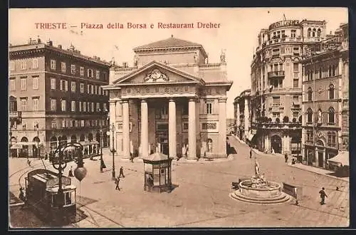 AK Trieste, Piazza della Borsa e Restaurant Dreher, Strassenbahn, Kiosk