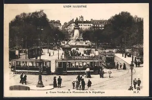 AK Lyon, Strassenbahn, Place Carnot, Monument de la Republique