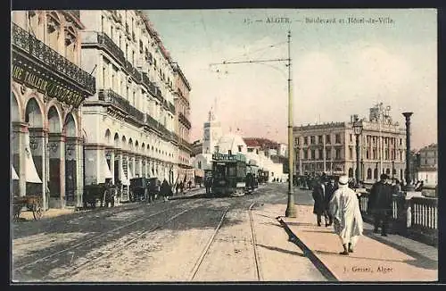 AK Alger, Boulevard et Hotel-de-Ville, Strassenbahn