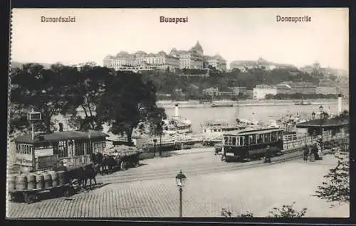 AK Budapest, Donaupartie mit Dampfern und Strassenbahn