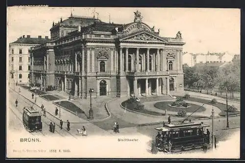 AK Brünn, Blick aufs Stadttheater mit Strassenbahn