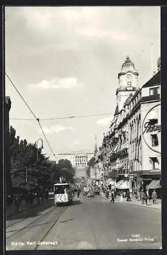 AK Oslo, Strassenpartie mit Strassenbahn