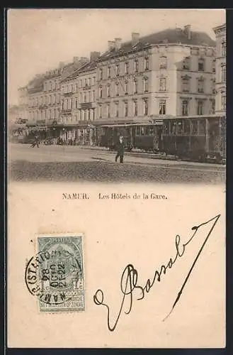 AK Namur, Les Hotels de la Gare, Strassenbahn