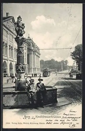 AK Bern, Strassenbahn beim Kindlifresserbrunnen, um 1900