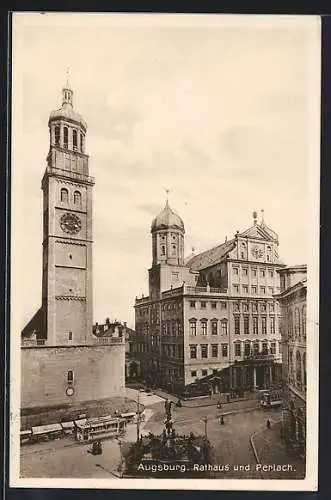 AK Augsburg, Rathaus und Perlach mit Strassenbahn