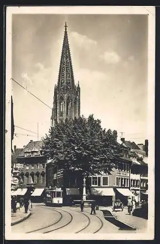 AK Freiburg / Breisgau, Oberlinden, Strassenpartie, Strassenbahn