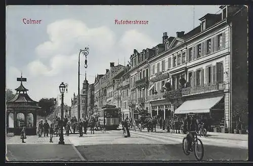 AK Colmar, Rufacherstrasse, Parr-Hotel, Delikatessen-Geschäft, Strassenbahn