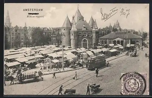 AK Amsterdam, Nieuwmarkt, Strassenbahn