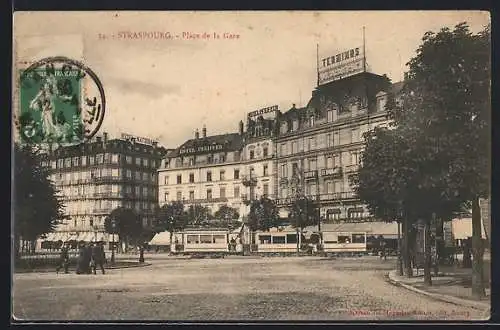 AK Strasbourg, Place de la Gare, Partie mit Strassenbahn