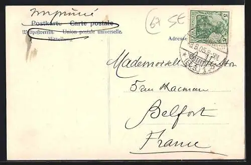 AK Strassburg, Vogesenstrasse mit Katastergebäude und Strassenbahn