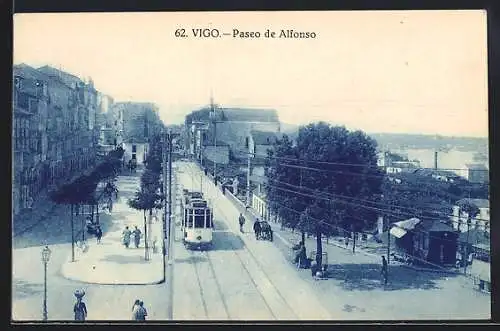 AK Vigo, Paseo de Alfonso, Strassenbahn